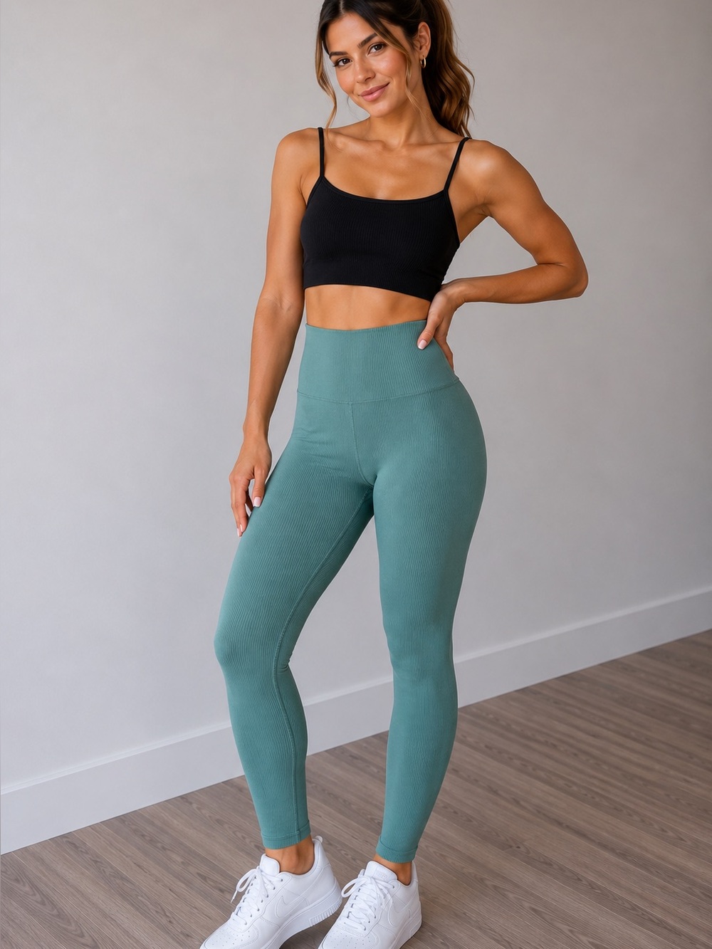 NWT OQQ Black Ribbed Crop Tank Top & Teal green leggings Gym Workout set, Small